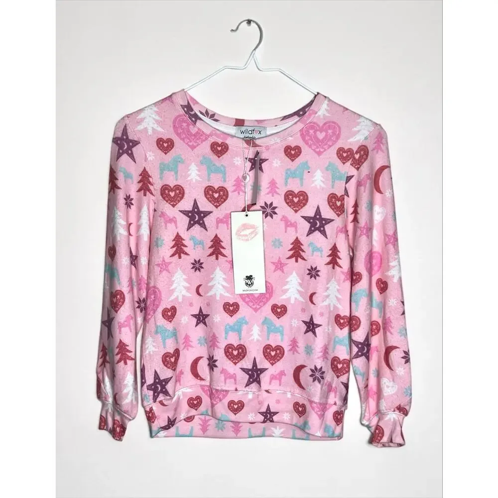 Wildfox Kids Pink Heart Star Print Sweatshirt NWT Size 7/8 Girls
